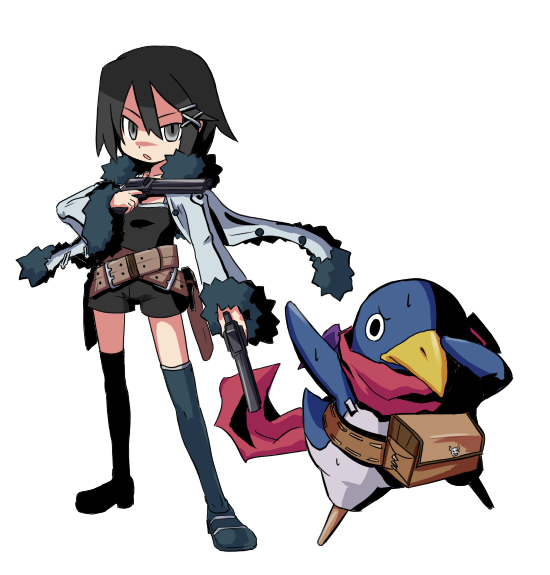 asagi_(nippon_ichi), bag, belt, black_hair, chairchair, disgaea, disgaea_2, disgaea_3, dual_wield, dual_wielding, gun, nippon_ichi, prinny, prinny_can_i_really_be_the_hero, prinny_can_i_really_be_the_hero?, ribbon, scarf, short_hair, shorts, sweat, thigh-highs, thighhighs, weapon