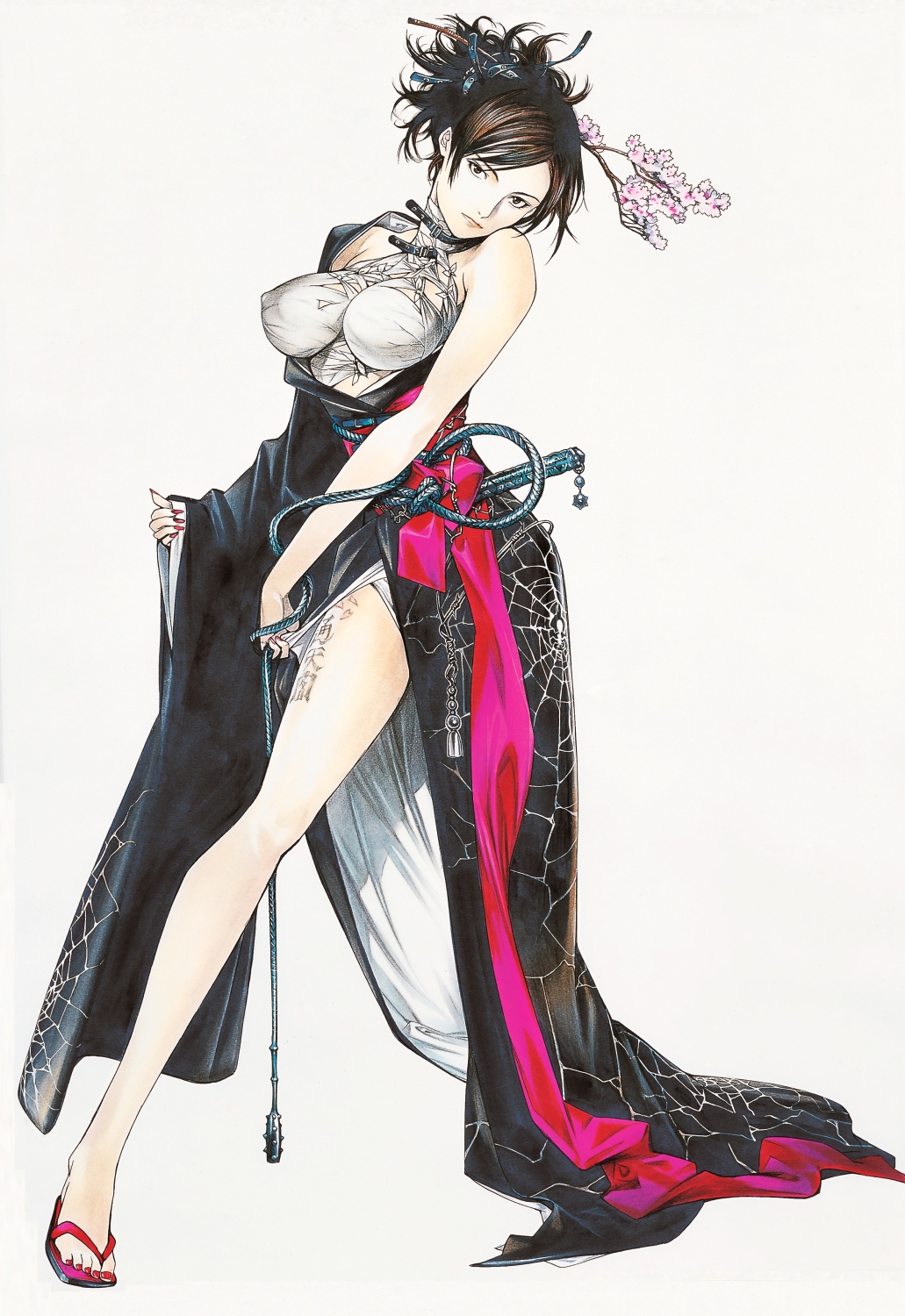 1girl, alternate_hairstyle, bare_legs, bare_shoulders, black_hair, breasts, collar, flower