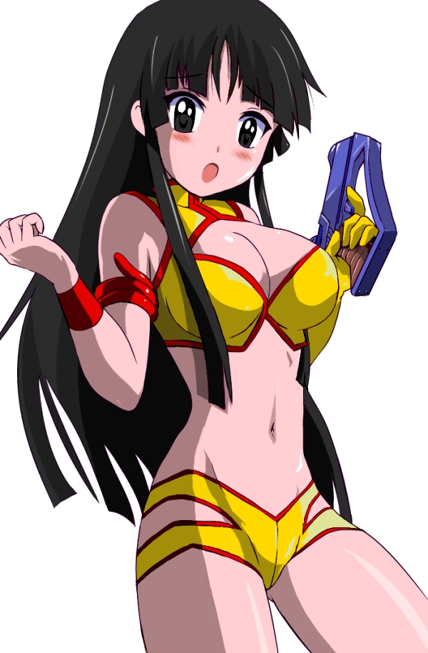 black_eyes, black_hair, breasts, cleavage, cosplay, dirty_pair, gloves, gun, k-on!, long_hair, solo, t2, weapon, wristband, yuri_(dirty_pair), yuri_(dirty_pair)_(cosplay)