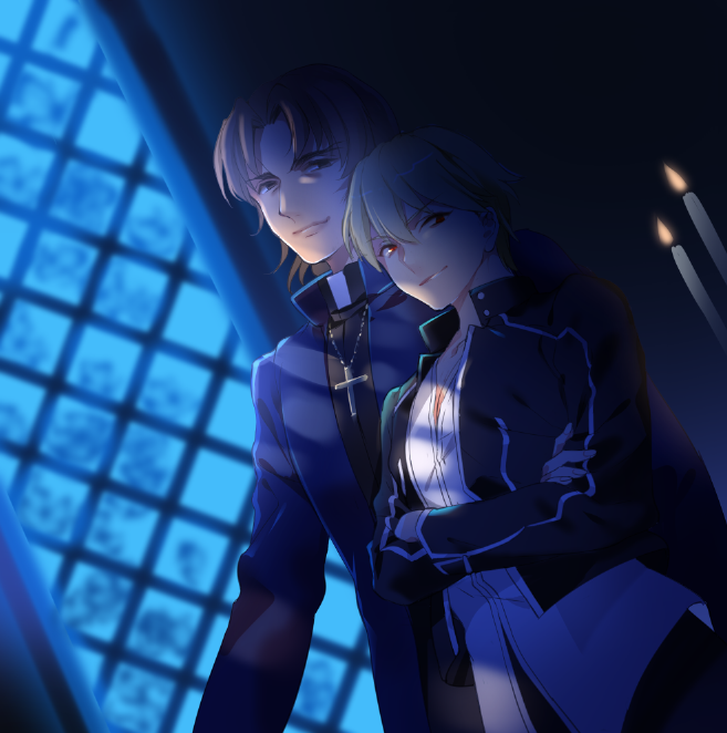 2boys, blonde_hair, brown_hair, candle, cross, cross_necklace, fate/stay_night, fate_(series)