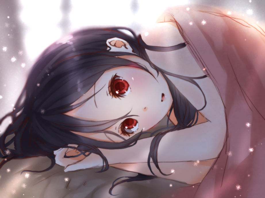 1girl, bare_shoulders, black_hair, blanket, blurry, blush, depth_of_field, face