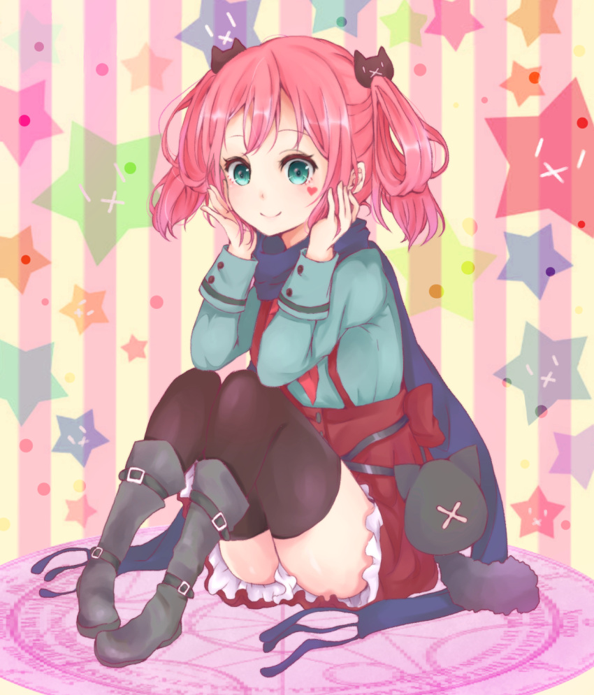 1girl, aqua_eyes, black_legwear, blush, boots, chuunibyou_demo_koi_ga_shitai!, facial_mark, highres