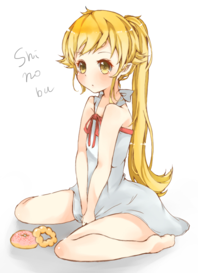 1girl, barefoot, blush, character_name, doughnut, dress, kura_(harapeco1029), long_hair