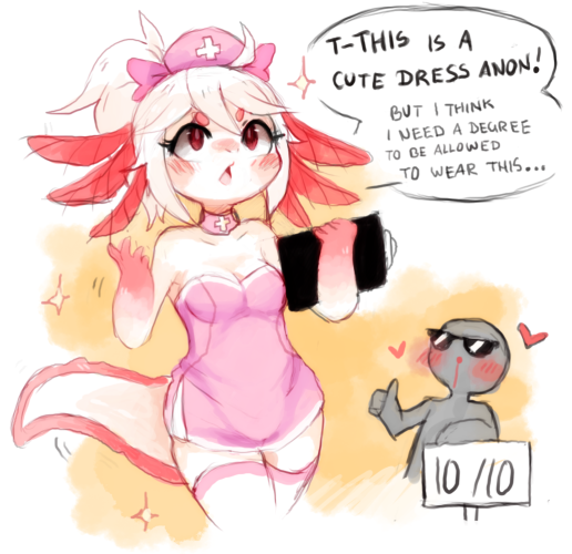 1girl, anonymous, axolotl, bare_shoulders, blood, blush, choker, clipboard, commentary, english, eyelashes, furry, hat, looking_up, nosebleed, nurse, nurse_cap, open_mouth, original, ponytail, red_eyes, sign, sparkle, sunglasses, tail, thigh-highs, tumblr, vika_(yellowfur), white_hair, yellowfur, zettai_ryouiki