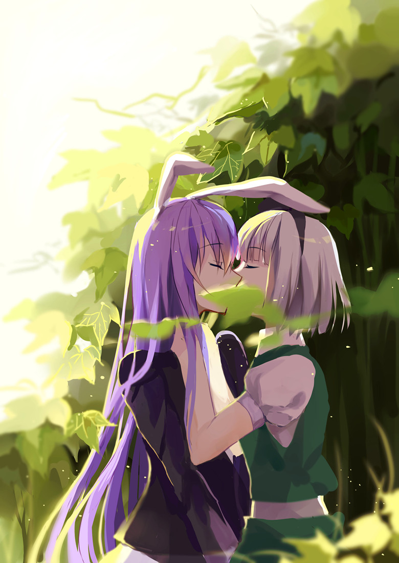 1girl, 2girls, animal_ears, blazer, closed_eyes, hair_ribbon, hands_on_another's_shoulders, kiss, konpaku_youmu, long_hair, long_sleeves, multiple_girls, outdoors, plant, profile, puffy_short_sleeves, puffy_sleeves, purple_hair, rabbit_ears, reisen_udongein_inaba, ribbon, shen_yi, short_hair, short_sleeves, silver_hair, standing, touhou, tree, vest, yuri
