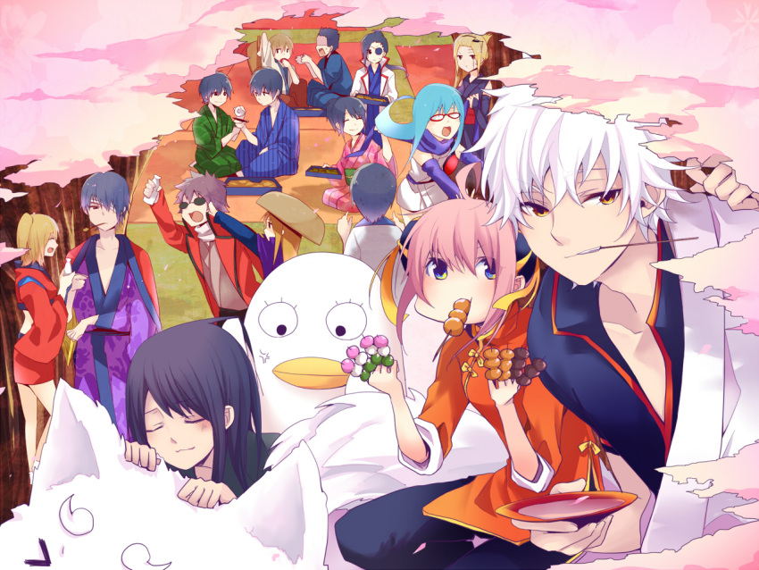 black_hair, blonde_hair, blue_eyes, blue_hair, character_request, closed_eyes, dango, eating