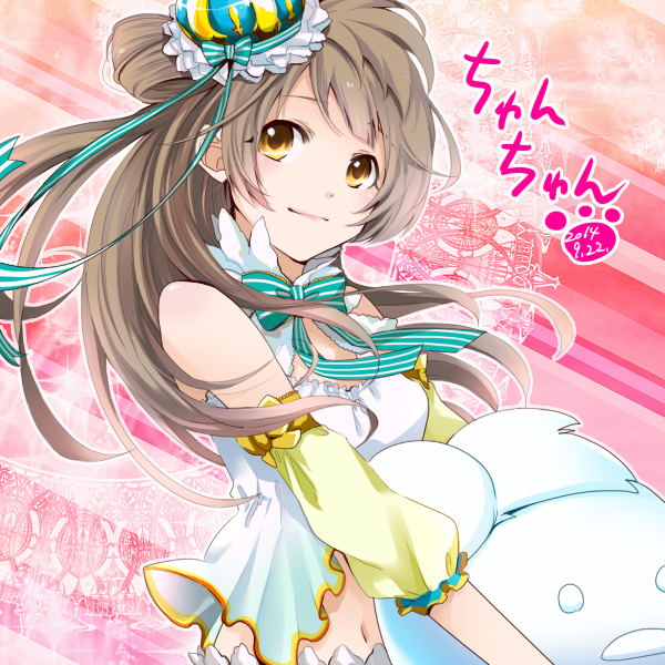 1girl, bare_shoulders, bow, brown_eyes, brown_hair, dated, detached_sleeves, hat