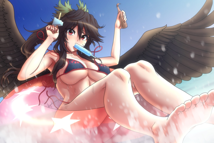 1girl, bikini, black_bikini, black_hair, bottle, bow, clenched_hands, food_in_mouth