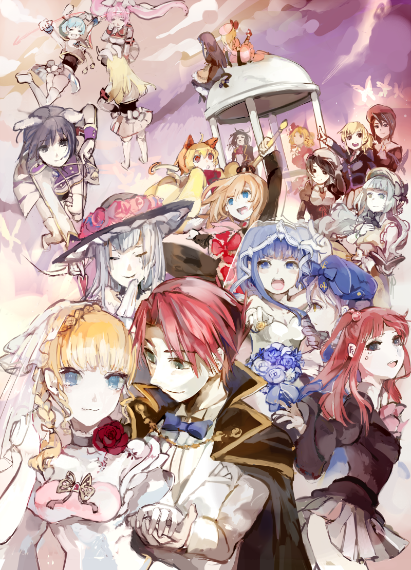 4boys, 6+girls, animal_ears, beatrice, black_hair, blonde_hair, blue_eyes, blue_hair
