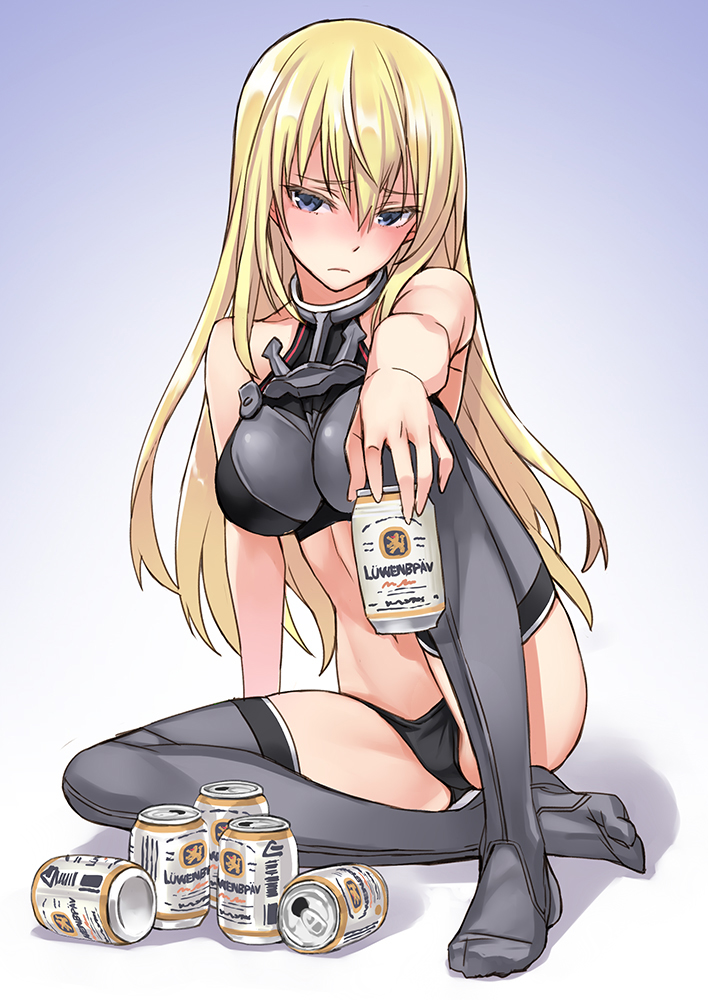 1girl, alcohol, beer, beer_can, bismarck_(kantai_collection), black_panties, blonde_hair, blue_eyes, blush, brand_name_imitation, breasts, chestplate, drunk, grey_legwear, holding, kantai_collection, large_breasts, long_hair, looking_at_viewer, matsuryuu, panties, simple_background, sitting, sleeveless, solo, thigh-highs, underwear