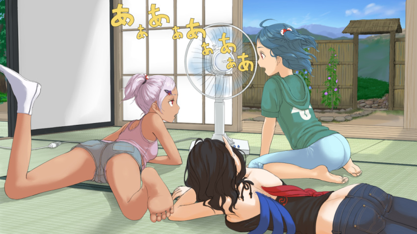 3girls, alternate_costume, ass, asymmetrical_wings, bare_arms, bare_shoulders, barefoot, black_hair, blue_hair, blue_sky, casual, chemise, clouds, commentary_request, denim, dual_persona, electric_fan, fan_speaking, garden, gate, hair_ornament, hairclip, hand_in_hair, hoodie, houjuu_nue, jeans, kitano_(kitanosnowwhite), legs, lying, mountain, multiple_girls, on_stomach, open_mouth, pants, personification, ponytail, red_eyes, short_shorts, shorts, silver_hair, sitting, sky, spread_legs, tatami, tatara_kogasa, touhou, wariza, wings