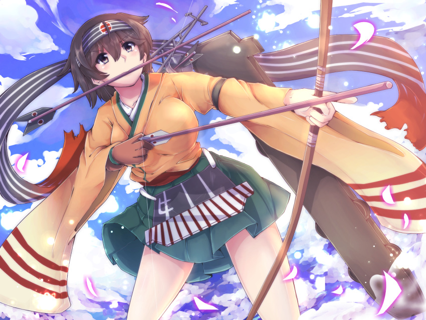 1girl, archery, arrow, bow_(weapon), breasts, brown_eyes, brown_hair, flight_deck, gloves, headband, highres, hiryuu_(kantai_collection), japanese_clothes, kantai_collection, kona_(soyakimi), kyuudou, long_sleeves, ocean, quiver, radio_antenna, short_hair, side_ponytail, single_glove, skirt, water, weapon, yugake