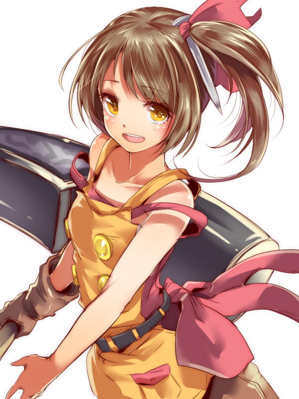 1girl, apron, bare_shoulders, brown_eyes, brown_hair, gloves, hammer, hammer_(ole_tower)
