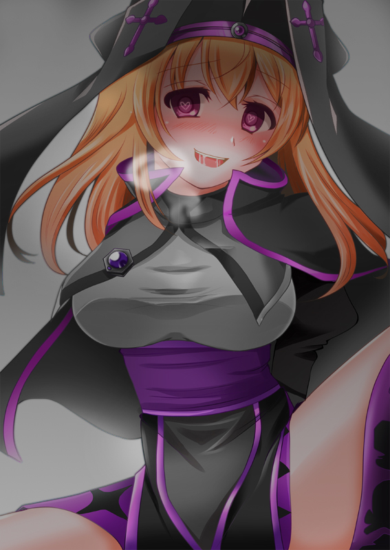 1girl, arms_behind_back, blush, breasts, breath, capelet, cross, dress