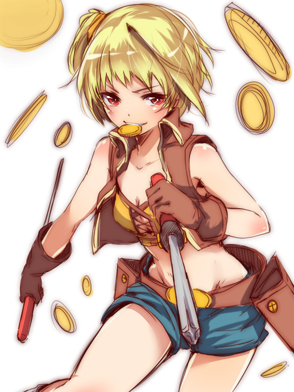 1girl, bare_shoulders, belt, blonde_hair, coin, gloves, mataichi_matarou, midriff