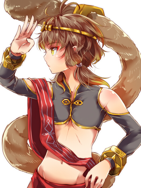 1girl, bare_shoulders, breasts, brown_eyes, brown_hair, crown, detached_sleeves, mataichi_matarou
