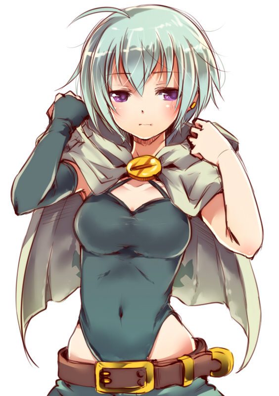 1girl, ahoge, averting_eyes, belt, breasts, flathead_screwdriver_(ole_tower), hood, hooded_cloak