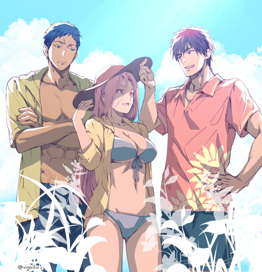 1girl, 2boys, aomine_daiki, bikini, blue_eyes, blue_hair, breasts, cleavage