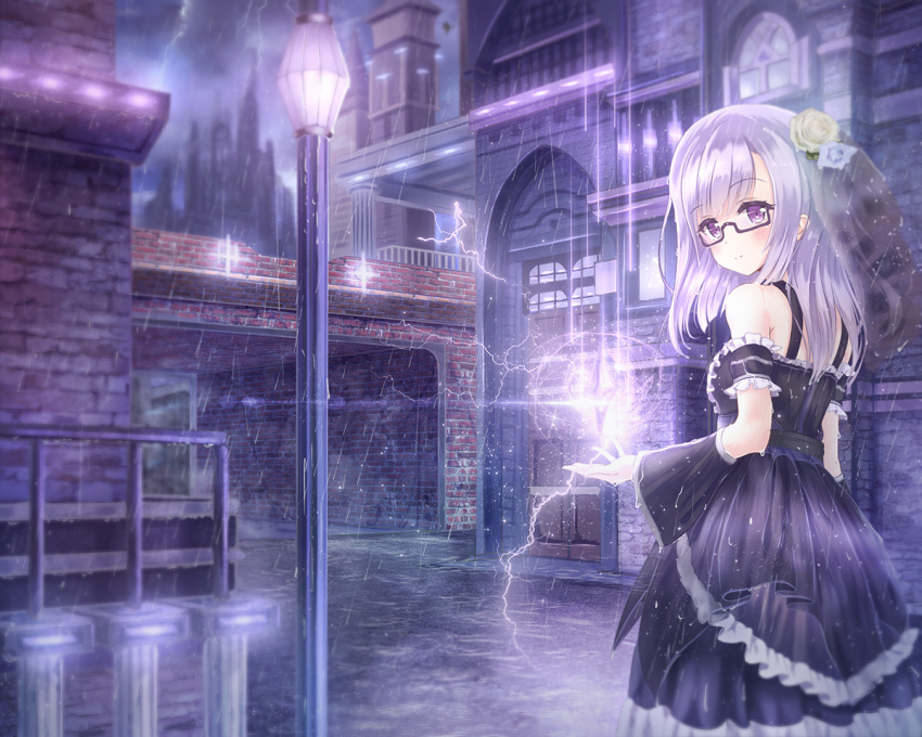 1girl, alc_(ex2_lv), bare_shoulders, blush, crystal, dress, flower, glasses