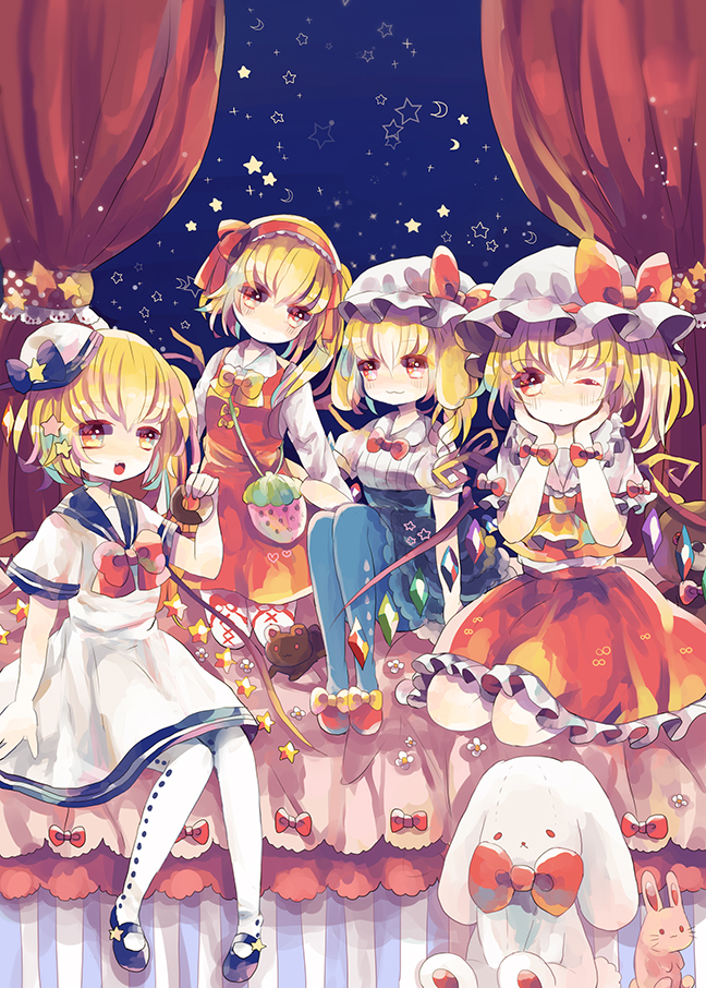 4girls, :3, alternate_costume, alternate_wings, arm_support, ascot, bag, blonde_hair