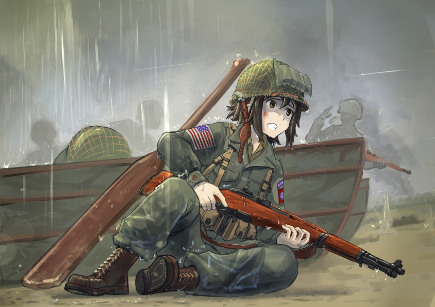 1girl, america, american_flag, beach, blood, blood_on_face, boat, boots