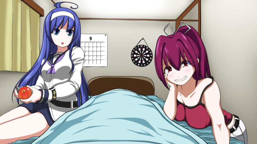 2girls, ahoge, alternate_costume, apple, belt, blue_eyes, blue_hair, breasts