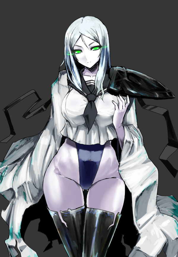 1girl, black_legwear, breasts, glowing, glowing_eyes, green_eyes, highleg, highleg_swimsuit