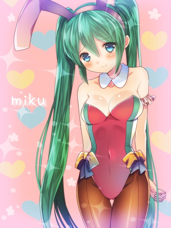 1girl, animal_ears, blue_eyes, blush, character_name, covered_navel, green_hair, hatsune_miku