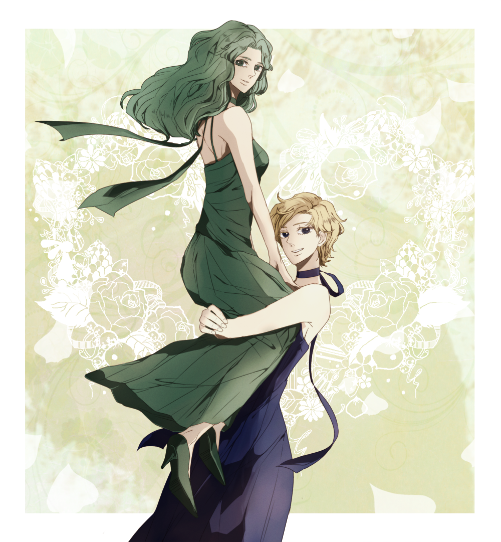 2girls, aqua_hair, bare_shoulders, bishoujo_senshi_sailor_moon, blonde_hair, blue_dress, carrying, choker