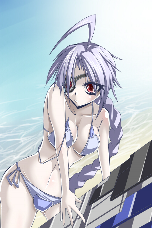 adapted_costume, ahoge, bikini, blazblue, braid, eyepatch, nu-13, red_eyes