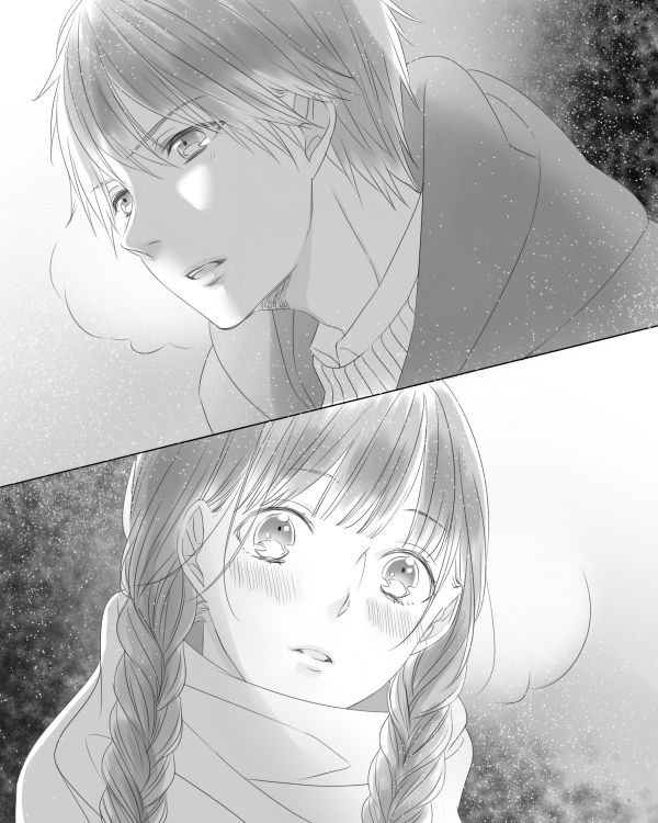 1boy, 1girl, black_hair, blush, braid, juuichi_(mio), long_hair, monochrome