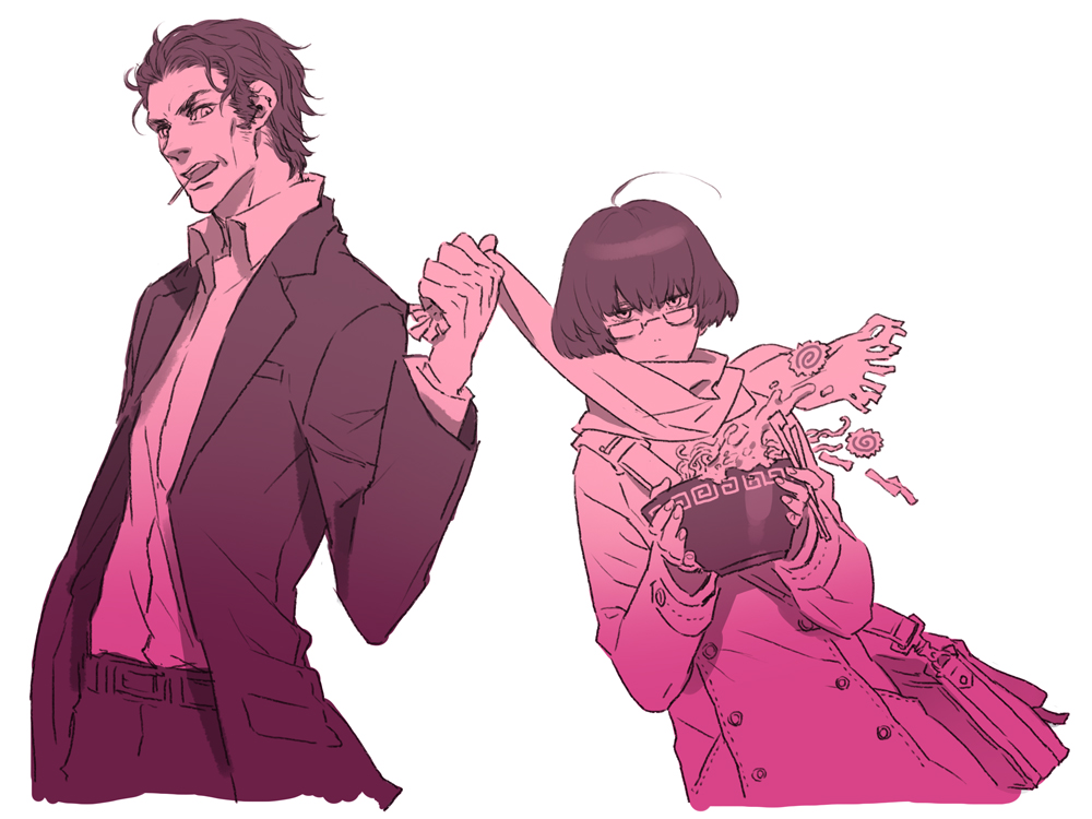 1boy, 1girl, chopsticks, coat, food, formal, glasses, haraguchi_jin