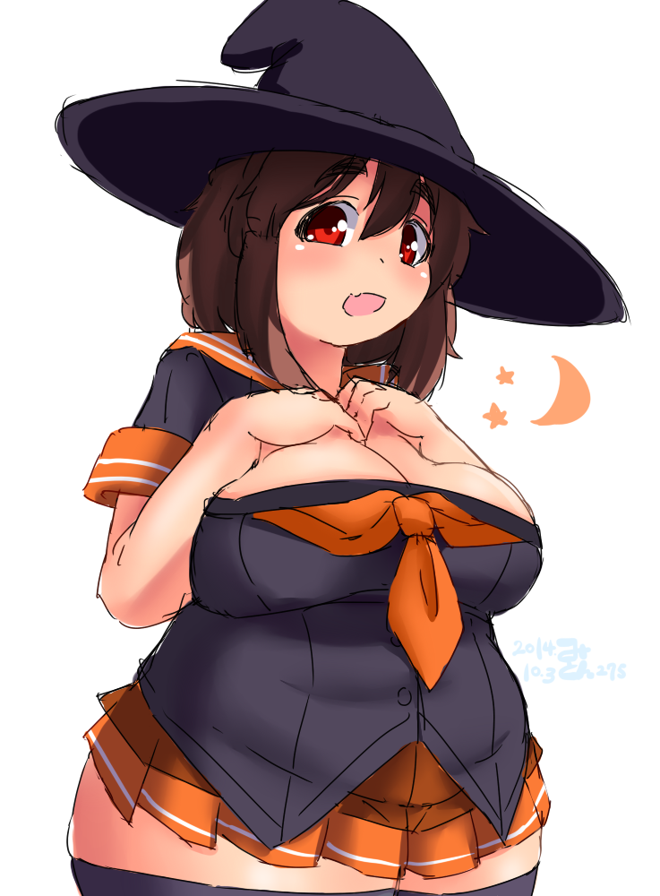 1girl, :d, black_legwear, blush, breast_suppress, breasts, brown_hair, crescent, eno_konoe, eyebrows, fang, fat, halloween, hat, large_breasts, looking_at_viewer, mikomu, miniskirt, open_mouth, original, red_eyes, school_uniform, serafuku, short_hair, skirt, smile, solo, star, thick_eyebrows, thick_thighs, thigh-highs, thighs, witch_hat