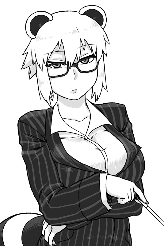 1girl, animal_ears, araiguma-san, bespectacled, breasts, glasses, large_breasts, monochrome