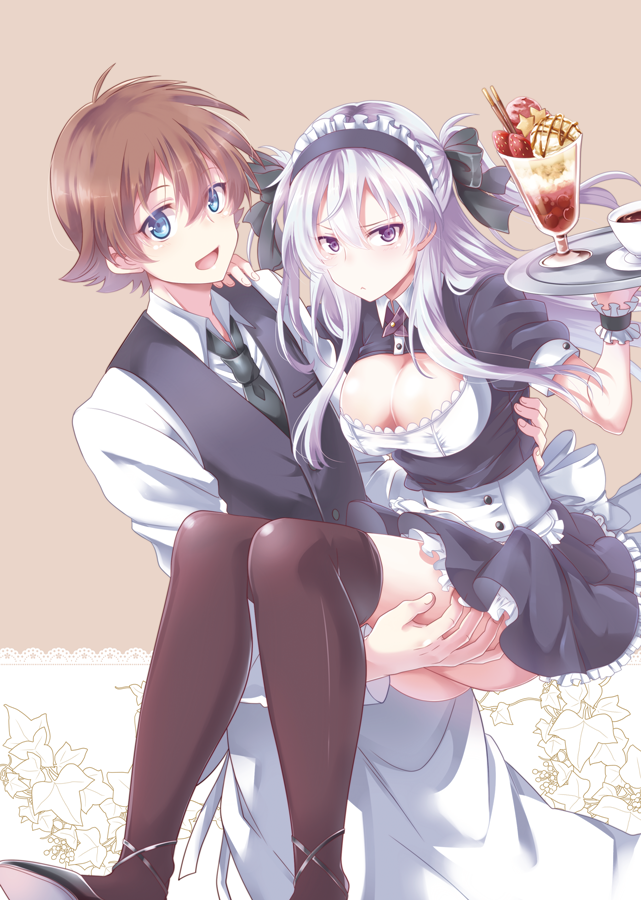 1boy, 1girl, alternate_costume, apron, blue_eyes, breasts, brown_hair, carrying