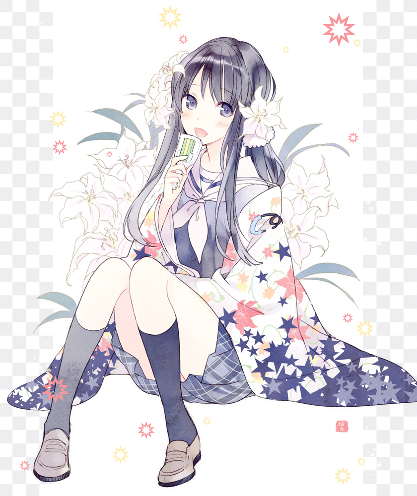 1girl, black_eyes, black_hair, black_legwear, blush, checkered, fan, flower