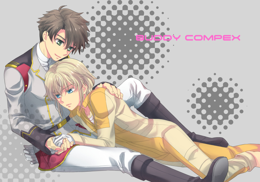 2boys, belt, blonde_hair, blue_eyes, brown_hair, buddy_complex, gloves, green_eyes