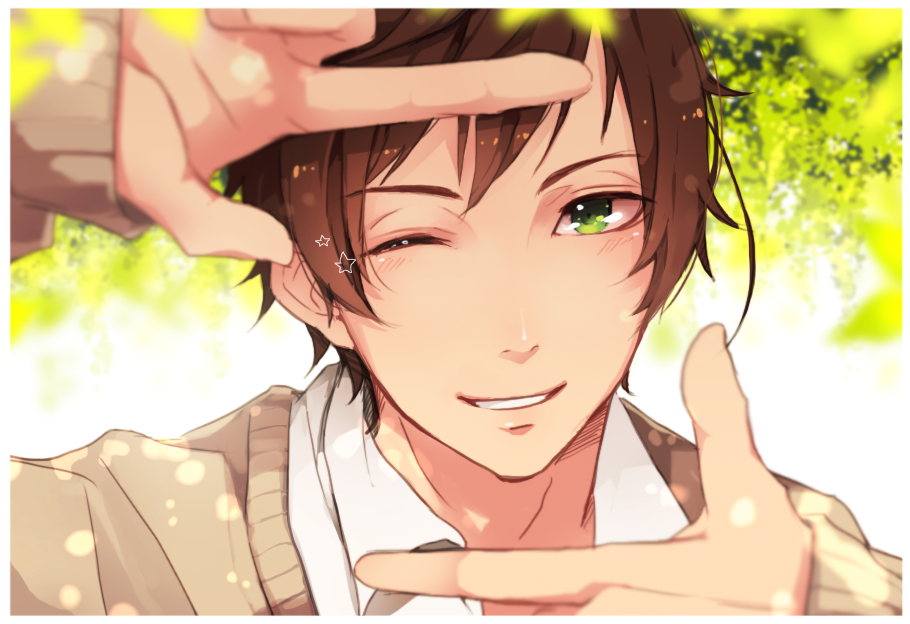 1boy, axis_powers_hetalia, blurry, brown_hair, bust, depth_of_field, face, finger_frame