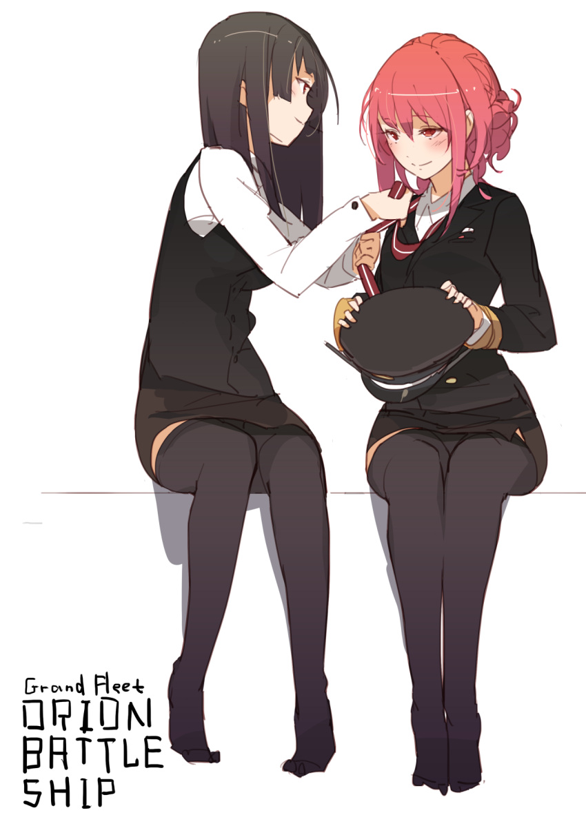 2girls, adjusting_necktie, black_hair, black_legwear, blush, borrowed_character, half_updo, hat