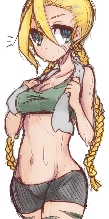 /\/\/\, 1girl, antenna_hair, bike_shorts, blonde_hair, braid, breasts, cammy_white