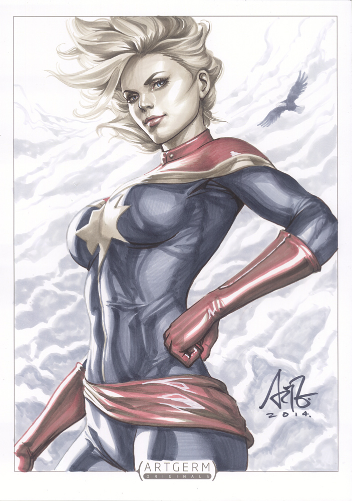 1girl, blonde_hair, captain_marvel, carol_danvers, clouds, elbow_gloves, gloves, marvel