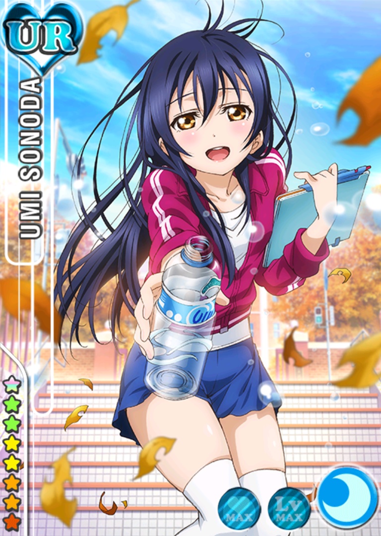 ahoge, blue_hair, blush, brown_eyes, character_name, drinks, jacket, long_hair