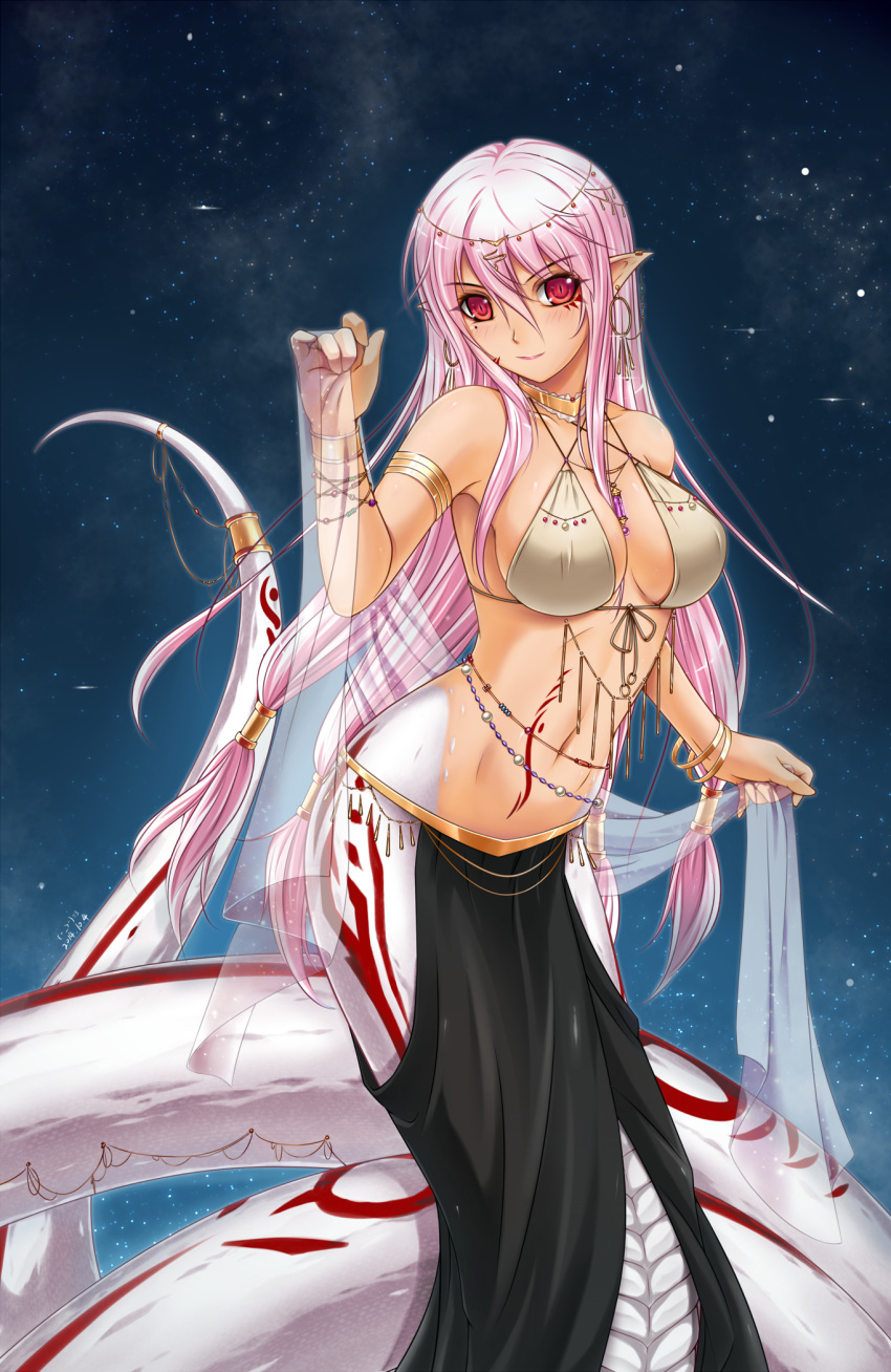 1girl, breasts, cleavage, highres, jingai_musume, lamia, monster_girl, monster_girl_encyclopedia, pink_hair, pointy_ears, red_eyes, sky, solo, star_(sky), starry_sky, tattoo