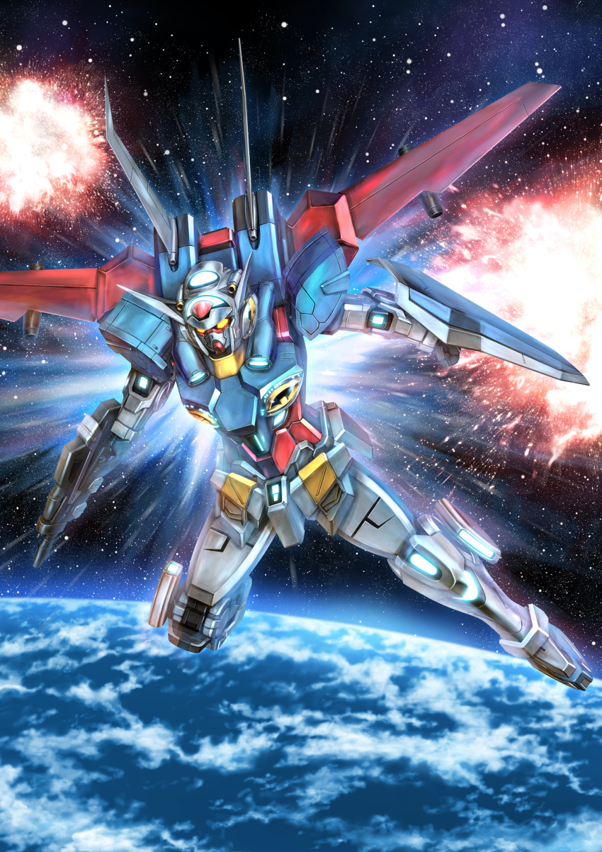 beam_rifle, earth, energy_gun, explosion, g-self, gundam, gundam_reconguista_in_g, highres, mecha, no_humans, shield, space, thrusters, weapon, yoshinobuta