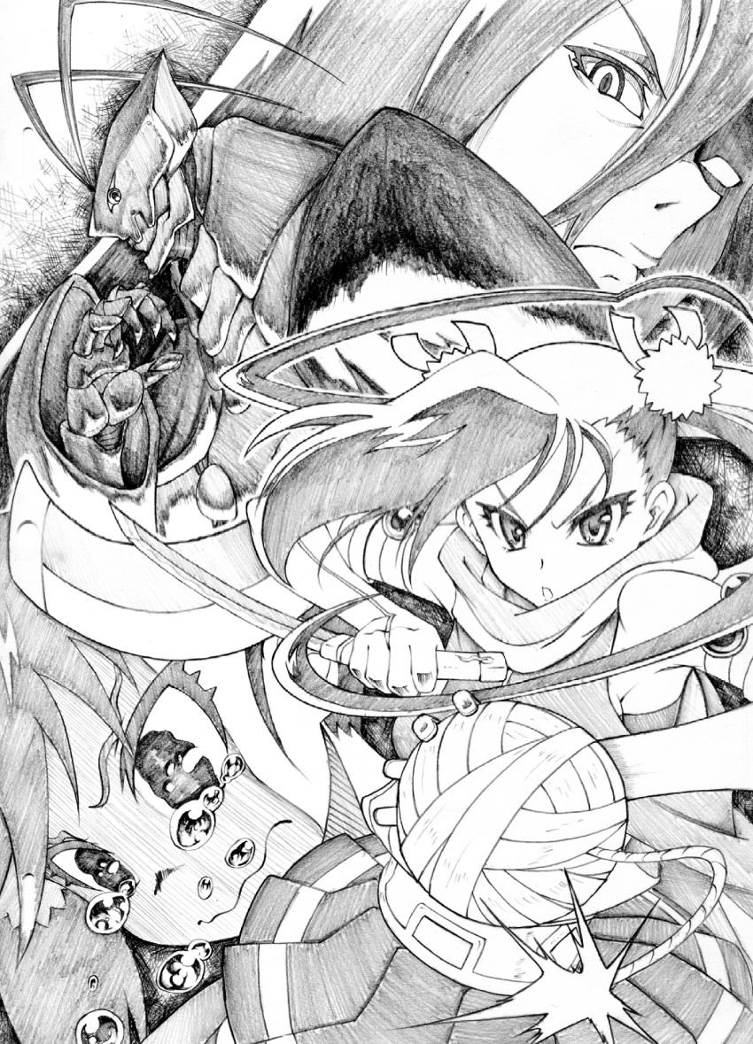1boy, 1girl, baron_(baron-eros), bomb, graphite_(medium), hair_between_eyes, hibachi_(mushibugyou), highres