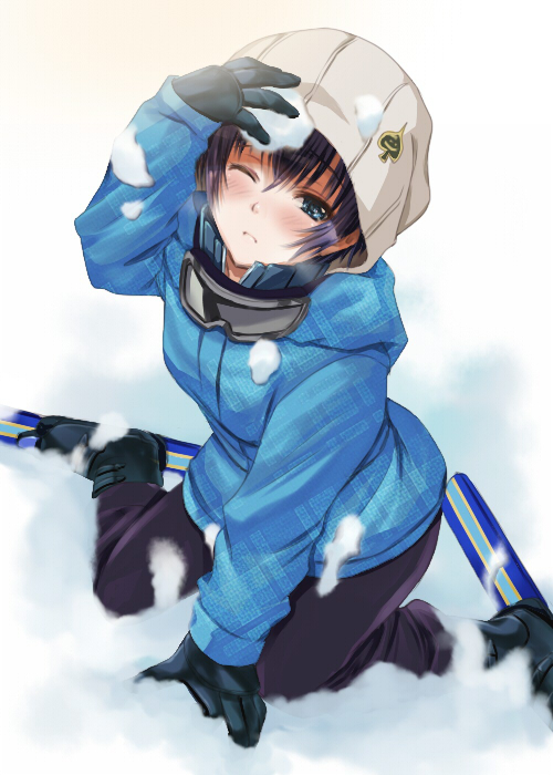 black_hair, coat, gloves, goggles, goggles_around_neck, green_eyes, hijiri_ruka, one_eye_closed
