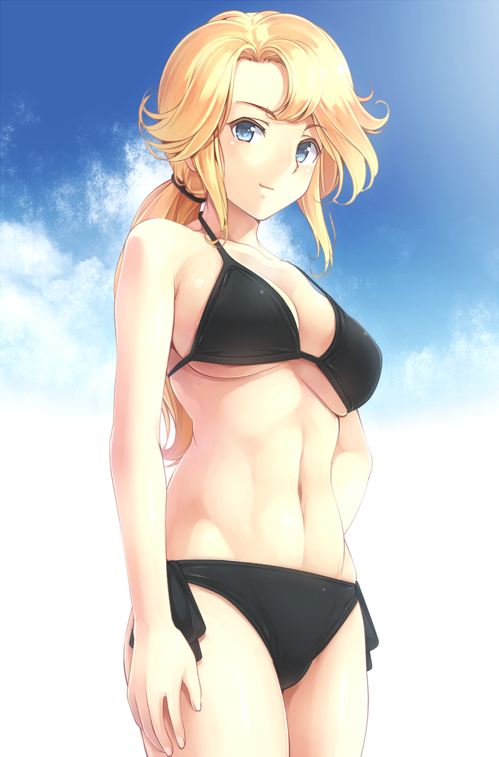 1girl, bikini, blonde_hair, blue_eyes, breasts, character_request, cleavage, komimiyako, large_breasts, navel, ponytail, power_pro_kun_pocket, side-tie_bikini, smile, solo, swimsuit, under_boob