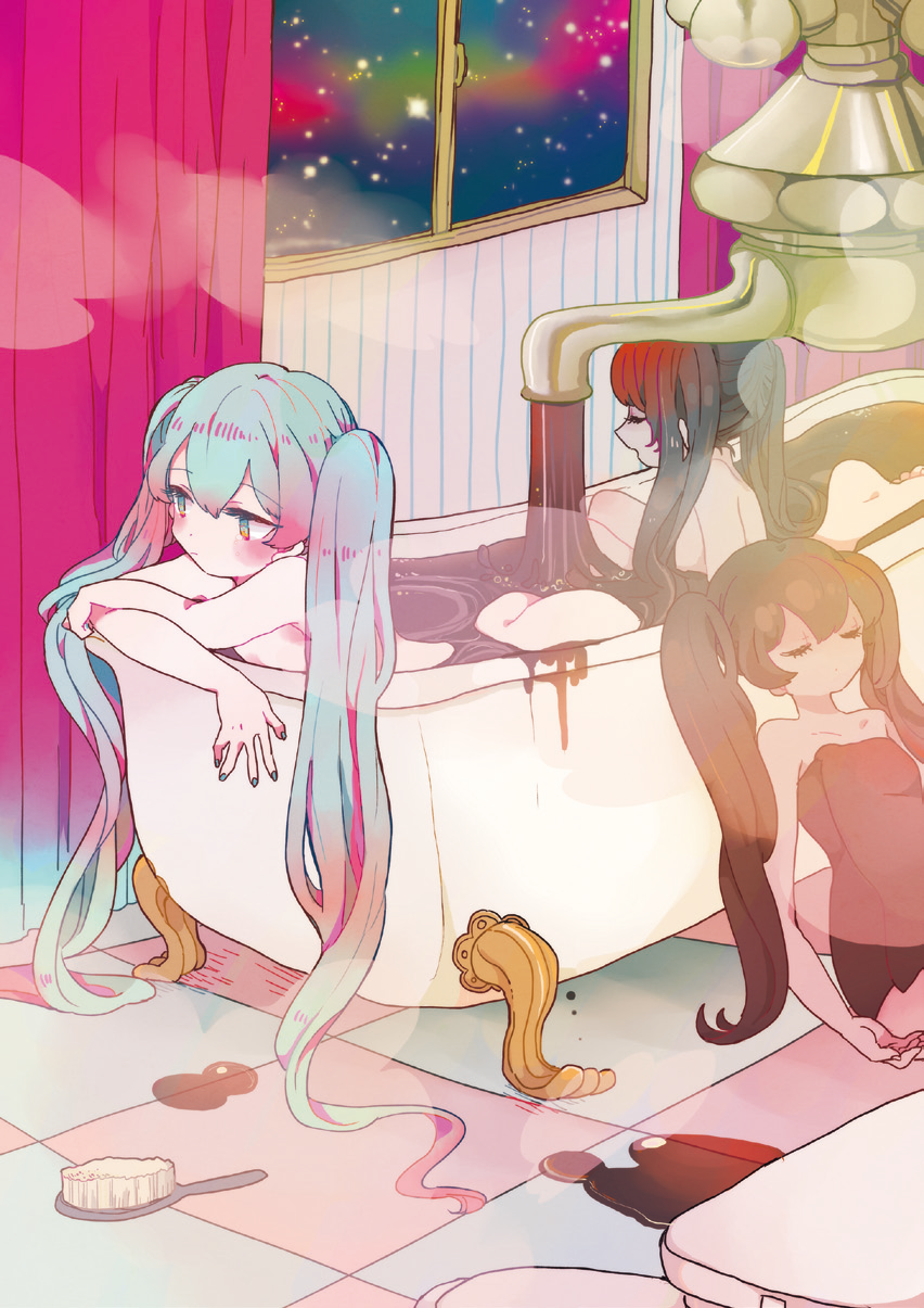 3girls, aqua_eyes, aqua_hair, bath, bathing, bathroom, hatsune_miku, highres