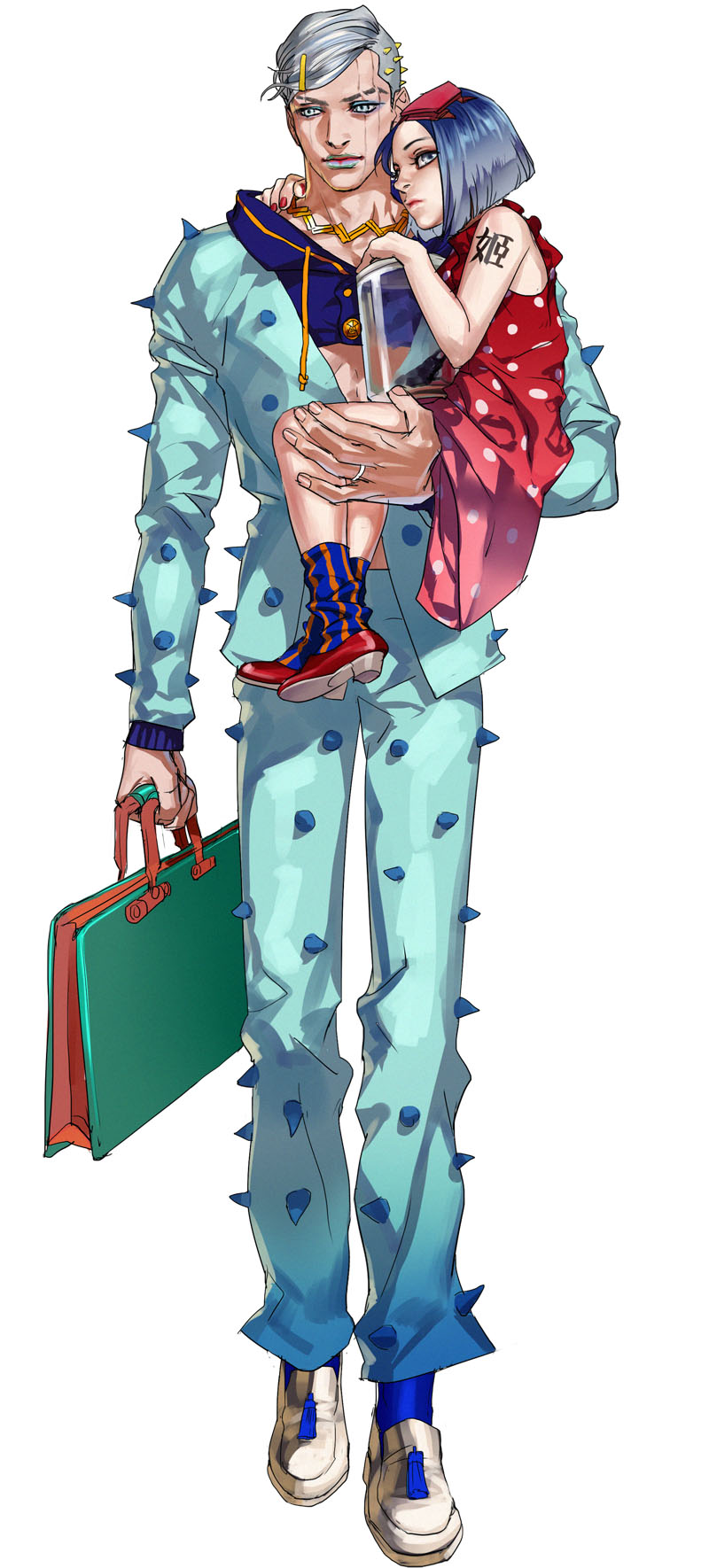 2boys, beetle, blue_hair, crossdressinging, dress, emg_(christain), father_and_son, hair_ornament