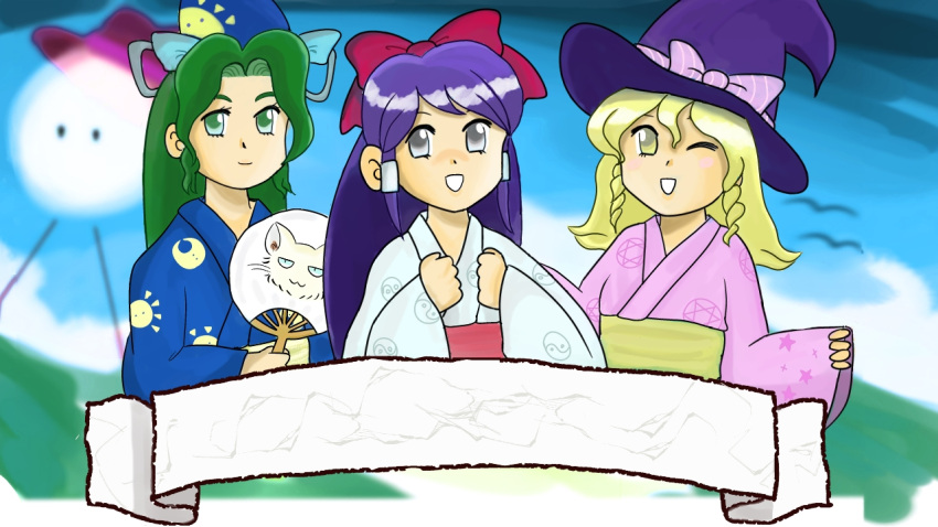 3girls, blonde_hair, blush_stickers, dai3wakusei, drill_hair, fan, green_eyes, green_hair